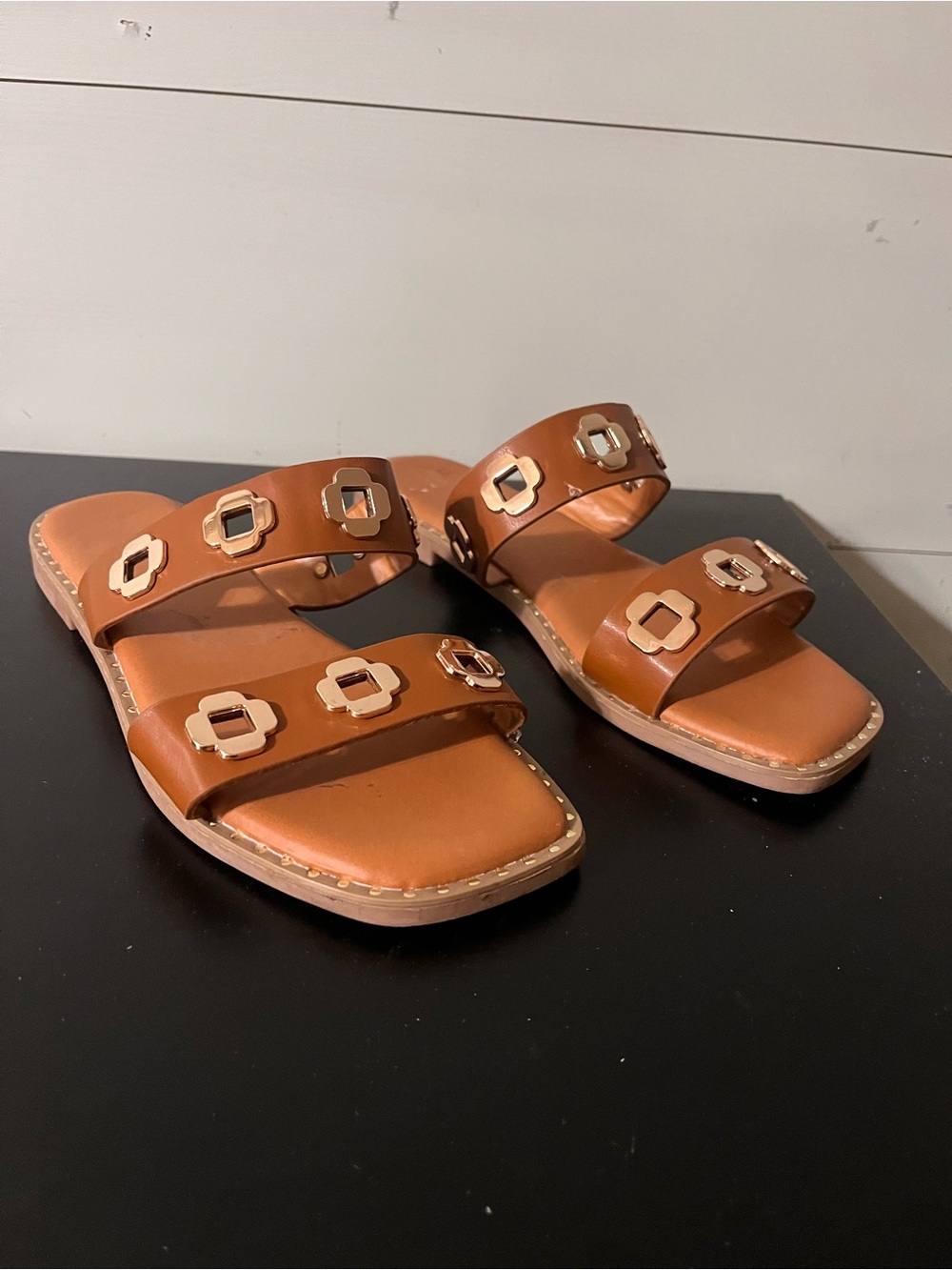 Nicole Miller Cognac Double-Strap Slide Sandals with Gold Accents